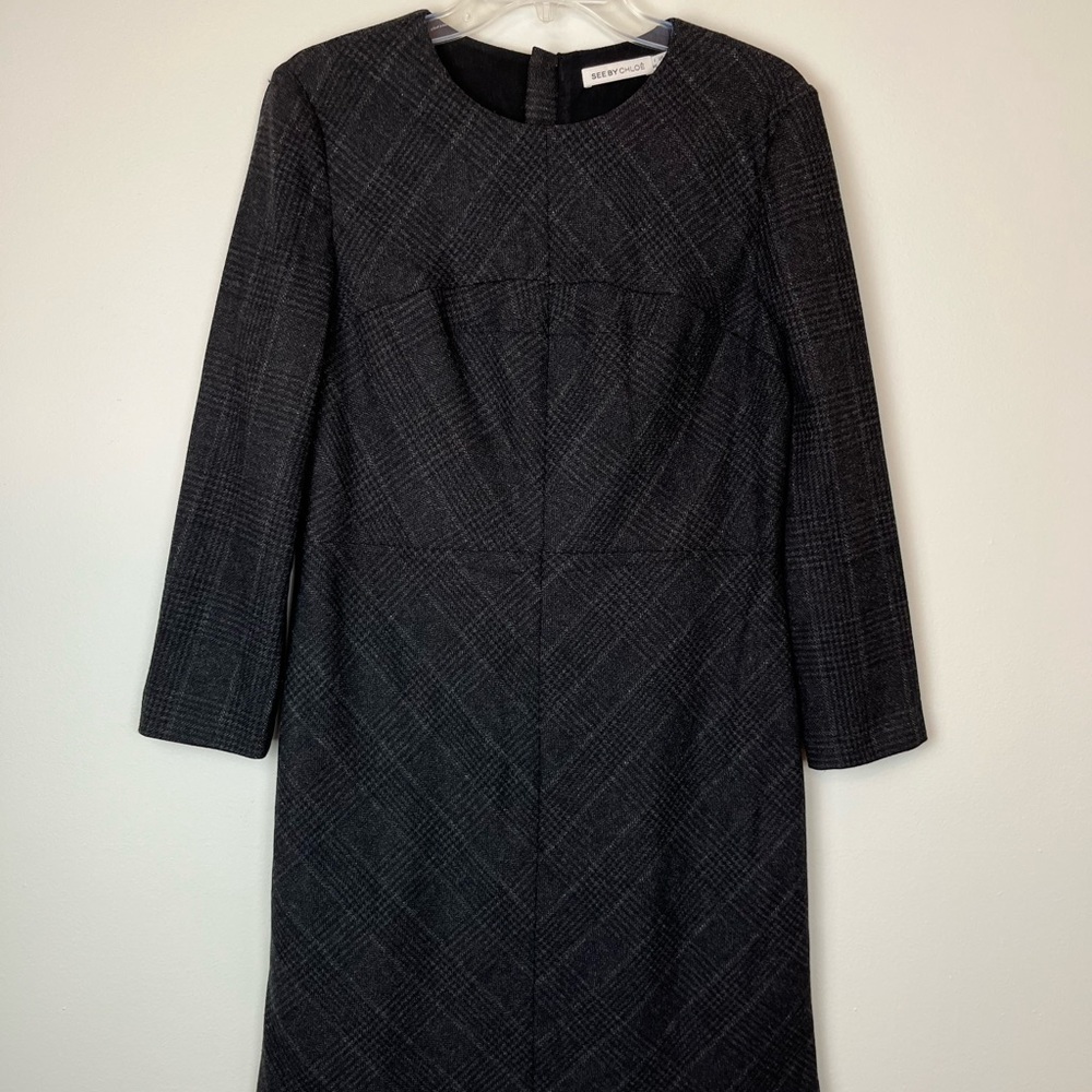 See By Chloe Wool Blend Plaid Gray Dress Size 10